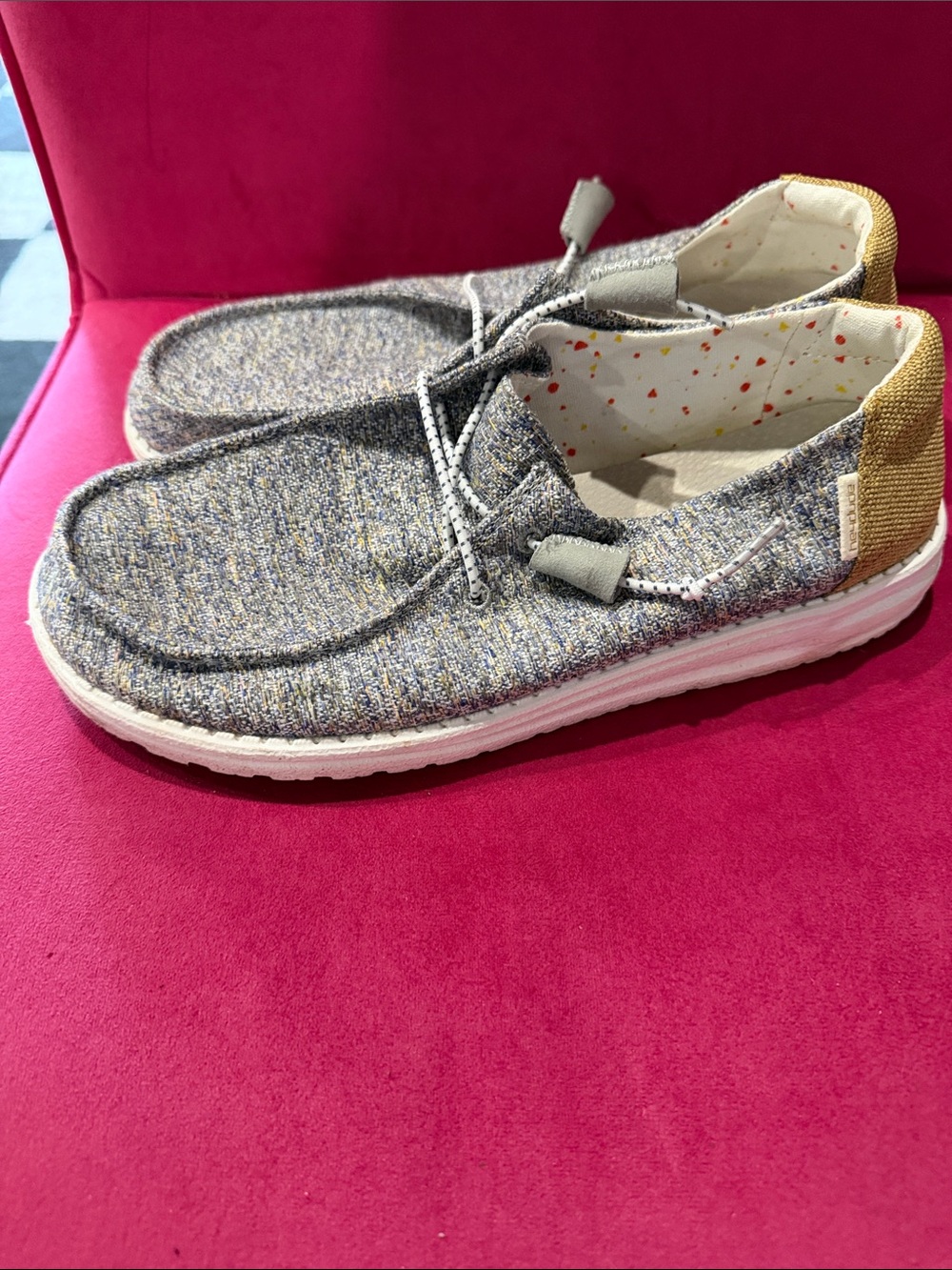 Hey Dude Women's Gray Knit Slip-On Shoes with Tan Heel